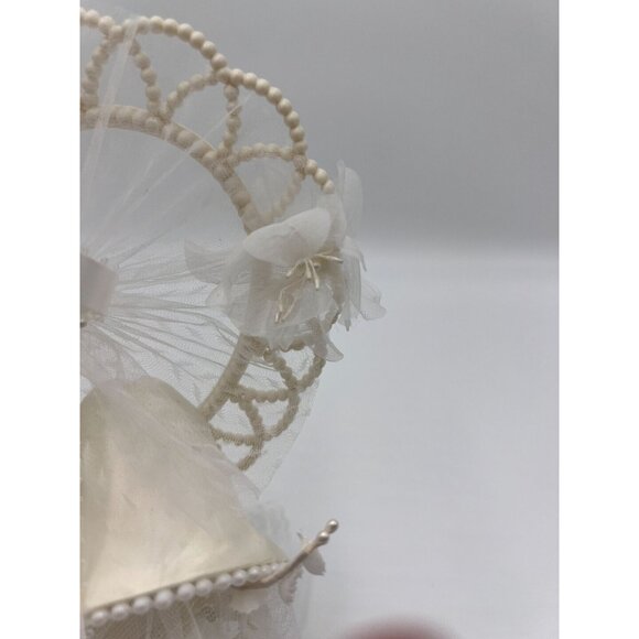 Vintage Ivory Lace Heart Shaped with Wedding Bells Tulle Flowers Cake Topper - Picture 4 of 13